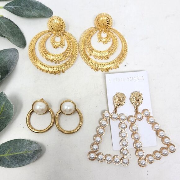 Large Gold Tone Faux Pearl Drop Dangle Earring Lot AEL40a - Picture 1 of 7